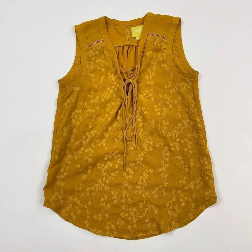 Anthropologie MAEVE Mustard Yellow Embroidered Lace Up Tank Top Blouse
